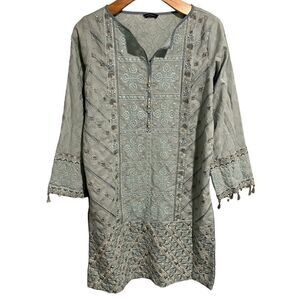 Sapphire Tunic Kurta Pakistani Formal Top Blouse Embroidered Long Sleeve Aqua